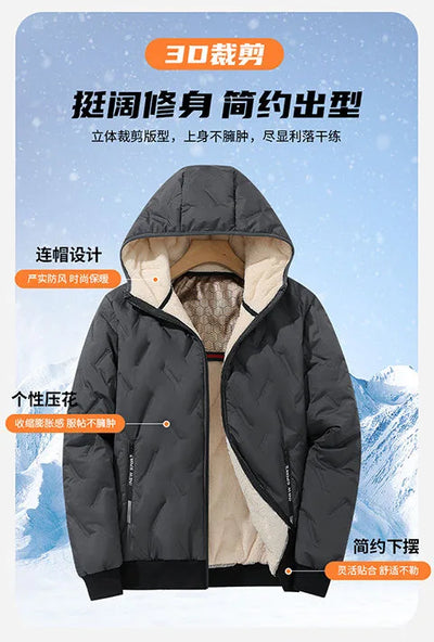 2024 Winter Fashion Sports Plus Fleece Thick Warm Jacket Men's Casual Loose Comfortable Plus Size Hooded Cotton-Padded Jacket