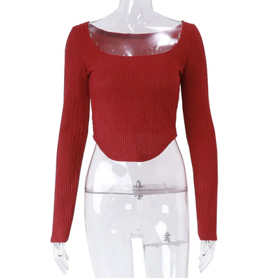 Women's Sexy Low-cut Babes Top Y2k Boho Long Sleeve T-shirt Slim Short Bottom Shirt Korean Skinny Crop Tops Spring and Summer