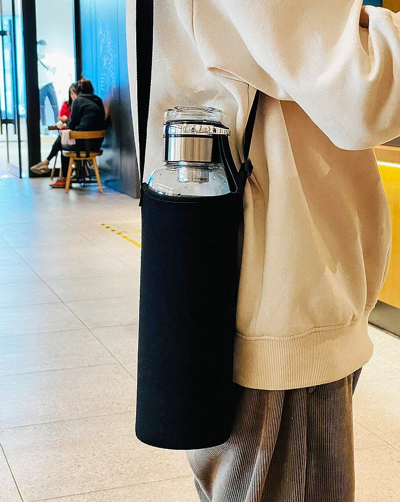 Sports Glass Water Bottle 2L Capacity Free Cup Cover (with Shoulder Strap)  Portable Leak-proof Drinking Stainless Steel Lid