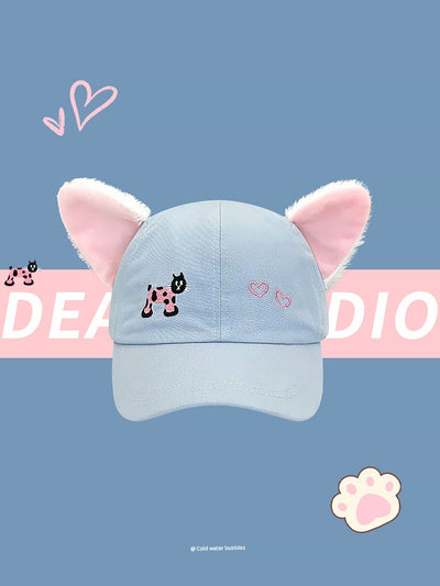 Y2g Sweet Cute Light Blue Cat Stuffed Ears Embroider Baseball Cap Female Easiest for Match Face-Looking Small Peaked Cap