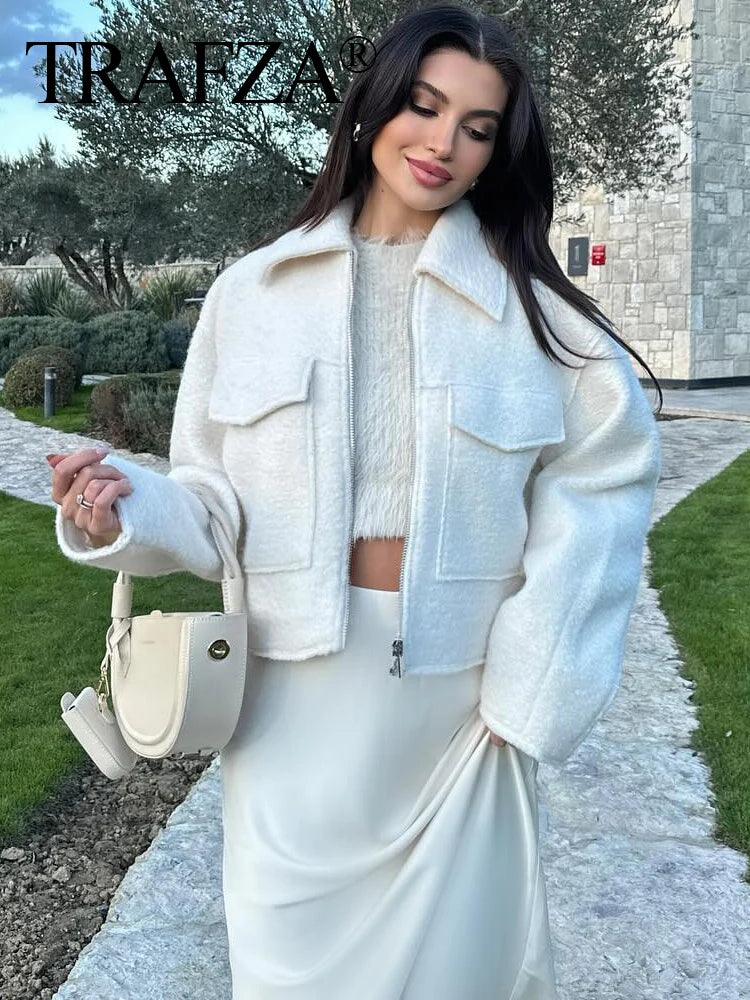 TRAFZA Women Vintage Casual Chic Solid Jackets Turn-down Collar Pockets Zipper Long Sleeve Coats Female Fashion 2024 Spring Coat