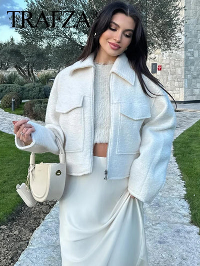TRAFZA Women Vintage Casual Chic Solid Jackets Turn-down Collar Pockets Zipper Long Sleeve Coats Female Fashion 2024 Spring Coat