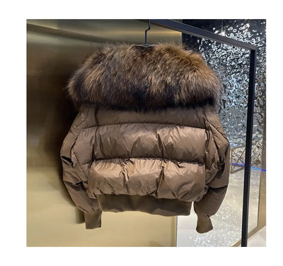 Fashionable Women's Winter Down Jacket Cropped Fox Fur Collar High End 90% White Duck Feather Coat Thick Long Sleeves