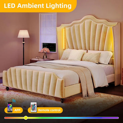 Queen Size Platform Bed Frame with 60" Tall Wingback Headboard and Footboard, Velvet Upholstered Bed with LED Light,Bed Frame