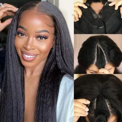 Kinky Straight 3 In 1 Half Wigs 100% Human Hair Brazilian Glueless Seamless Flip Over Yaki Straight V Part Wig Beginner Friendly