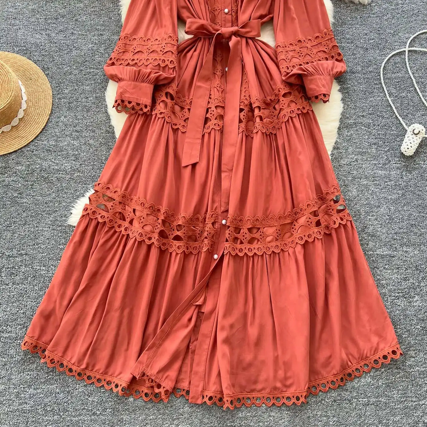 Elegant Long Maxi Hollow Out Dress Shirt Women Summer Autumn Palace Retro Pearl Button Embroidery Crochet Evening Party Vestidos