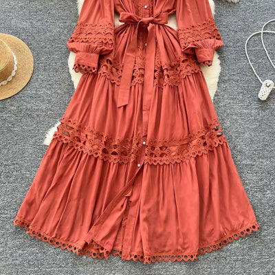 Elegant Long Maxi Hollow Out Dress Shirt Women Summer Autumn Palace Retro Pearl Button Embroidery Crochet Evening Party Vestidos