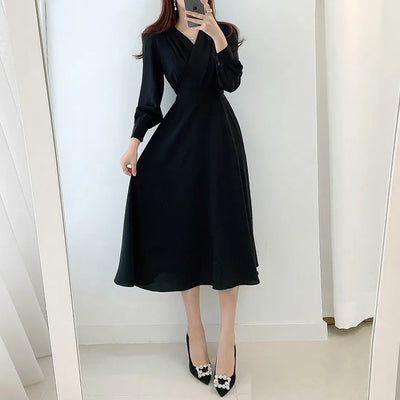 Jielur Harajuku V-neck Puff Sleeve A-line Maxi Dress Woman Solid Color Midi Robe Korean Office Dresses Elegant Spring Dress Lady