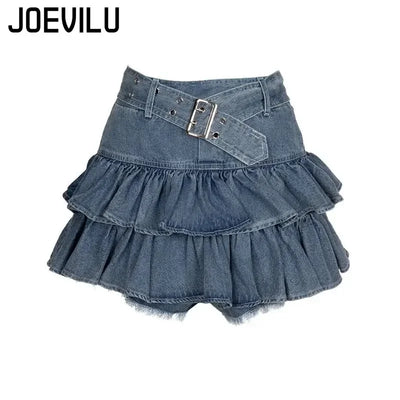 Y2k Skirt Set Bow Tie Love Hollow Out Crop Top Denim Ruffled Pleated Skirt 2 Piece Sets Women Summer Sexy Backless Outfits Suit