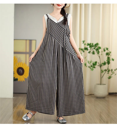 Oversized Summer Plaid Print Jumpsuit Women Wide Leg Loose Pleated Fashion Ladies Jumpsuits V-Neck Sleeveless Woman Jumpsuits
