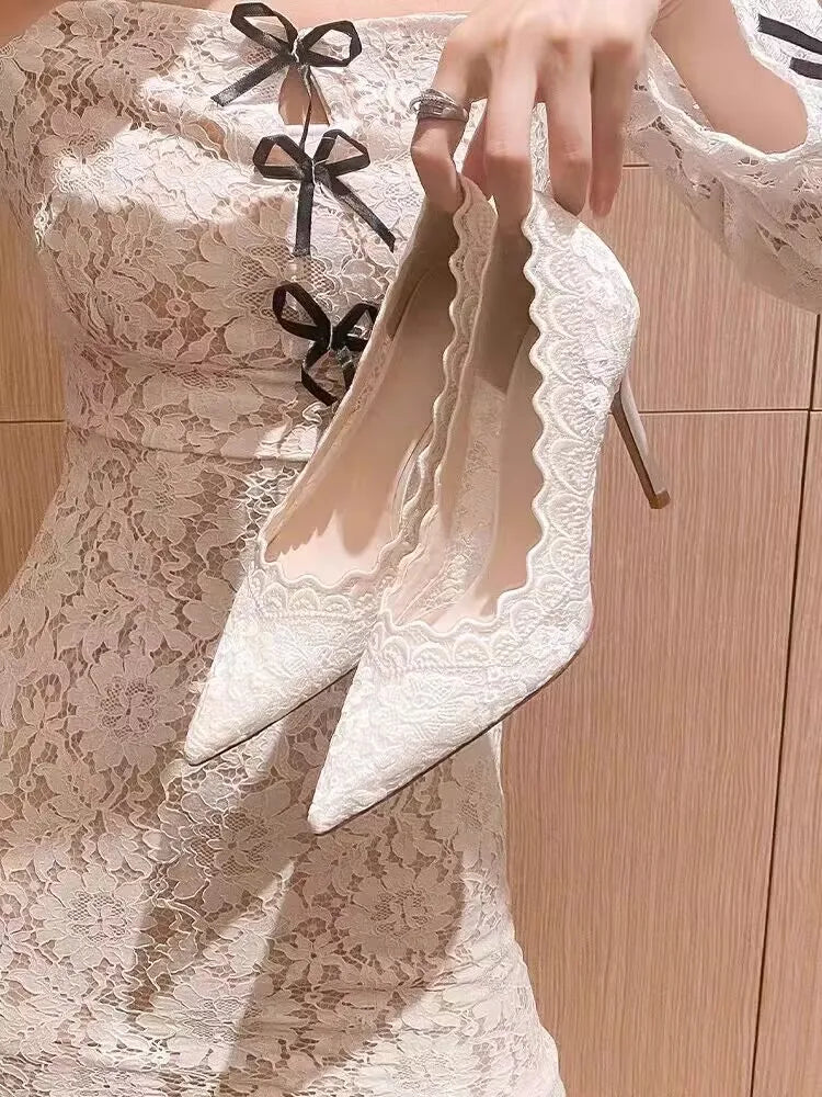 White Wedding Shoes Bridal Shoes Design Sense Niche Lace Pointed Stiletto Heel Shallow French High Heels Female Temperament