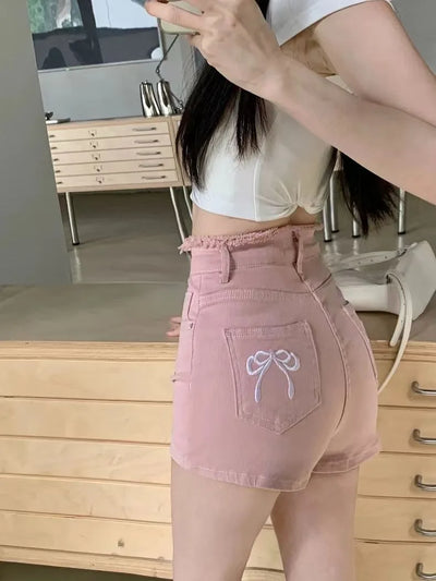 Women's Sweet Bow Denim Shorts Tassel Embroidery American Spice Summer High Waist Temperament Skinny Straight Pants Sexy Shorts