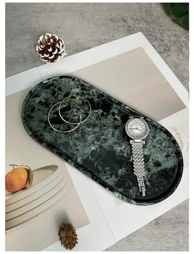 Luxury Green Marble Oval Tray: Bathroom Organizer & Fruit Serving Platter, Waterproof Stone Decor for Hotel Spa Home Kitchen