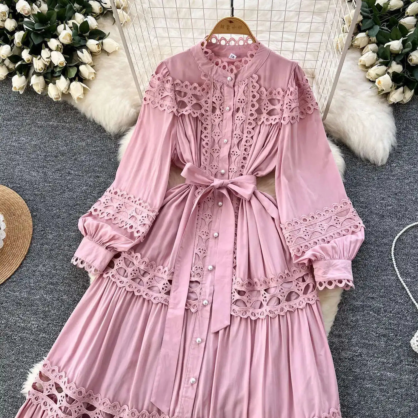 Elegant Long Maxi Hollow Out Dress Shirt Women Summer Autumn Palace Retro Pearl Button Embroidery Crochet Evening Party Vestidos