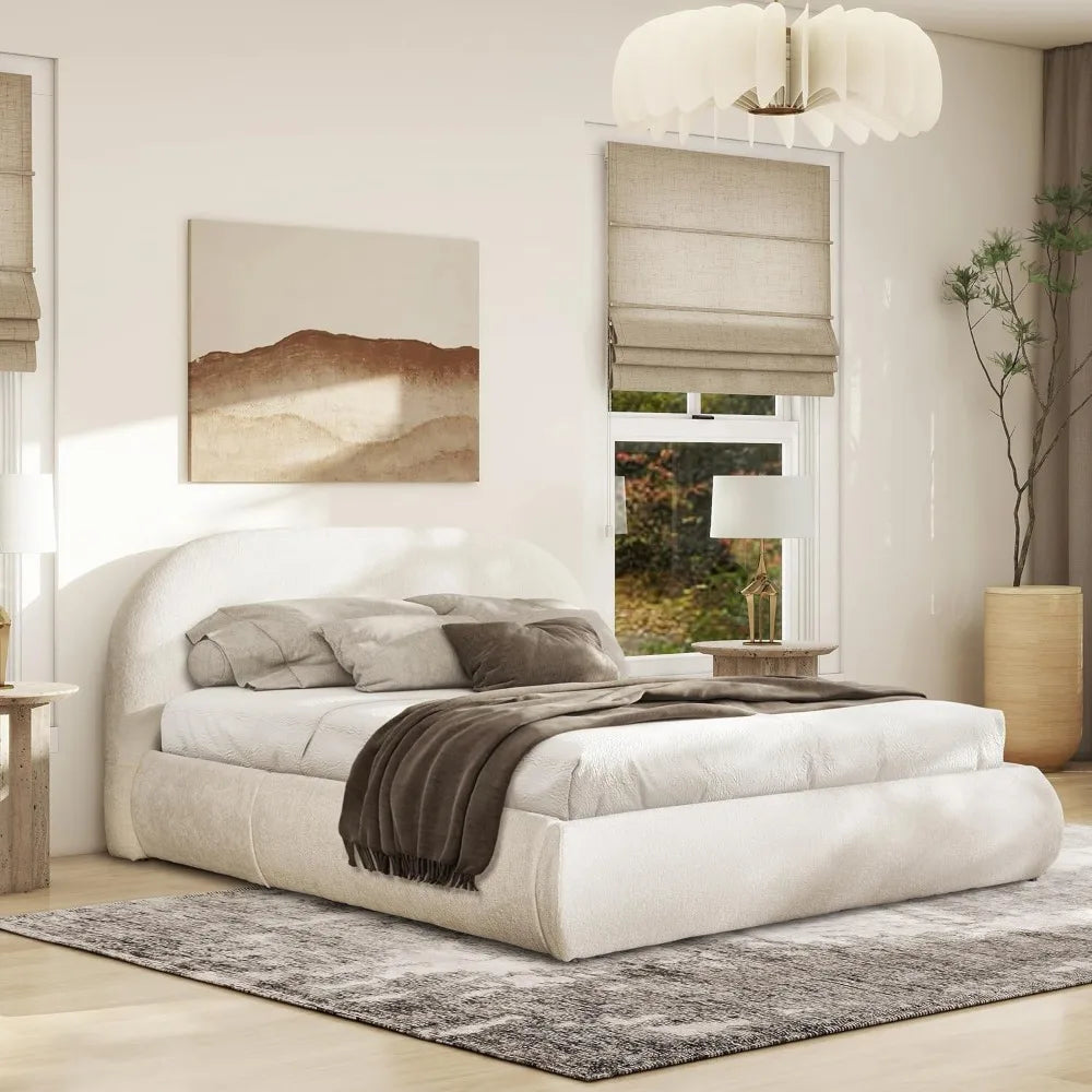 Grounded Bed Frame - Chenille White Bed Frames with Arch-Shaped Headboard and Wooden Slat Support, Upholstered Platform Bed