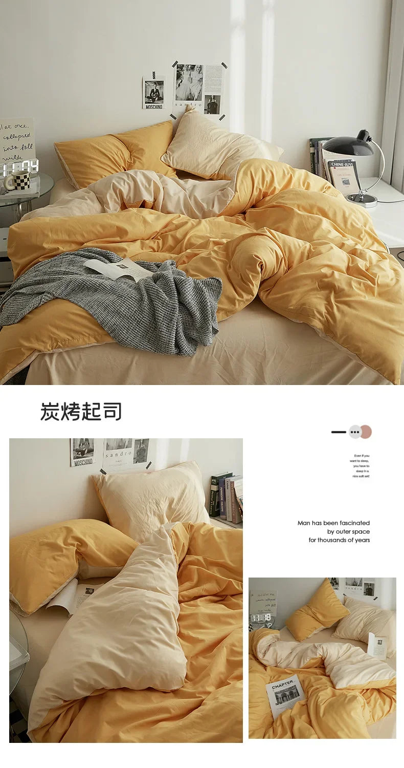 High Quality  Solid Color Double Washed Cotton Bedding 4 Pieces Set Student Dormitory Bed Linen Duvet Set Bed Suit