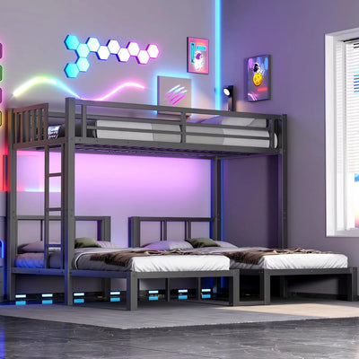 Triple Bunk Bed with LED Lights,Metal Bunk Beds Convertible to 3 Beds with Charging Station,Heavy Duty Bunk Bed Frame