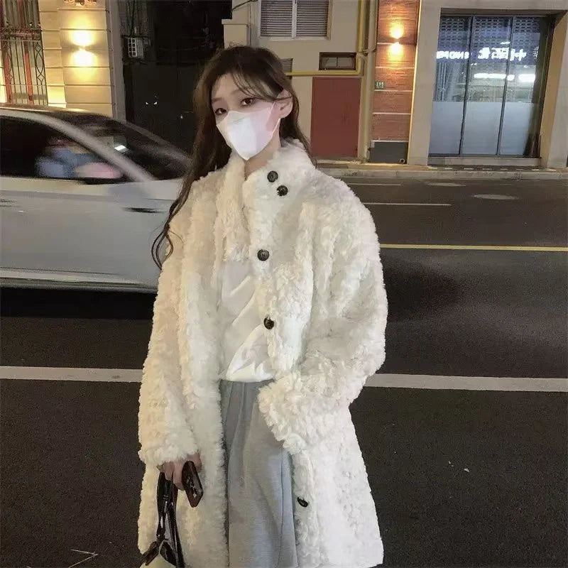 Lamb Wool Long Jackets Women Winter Warm Stand Collar Loose Fur Outerwear Y2K Korean Fashion Long Sleeve All Match Fake Fur Coat
