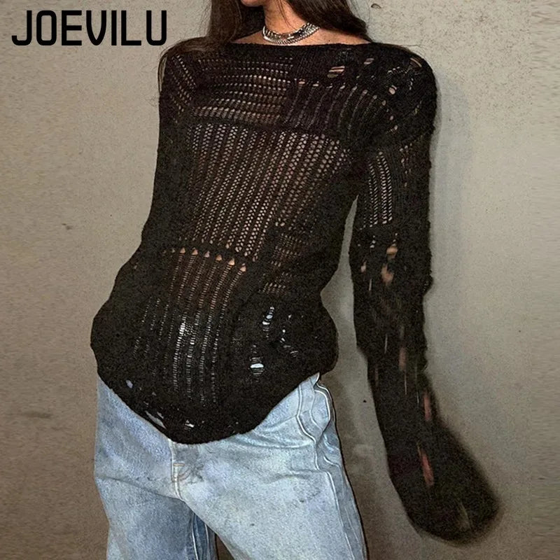 Women's Vintage Gothic Hollow Knit Sweater with Ripped Holes Grunge Y2K Style Thin Long Sleeve Loose Fit Summer Top in Black