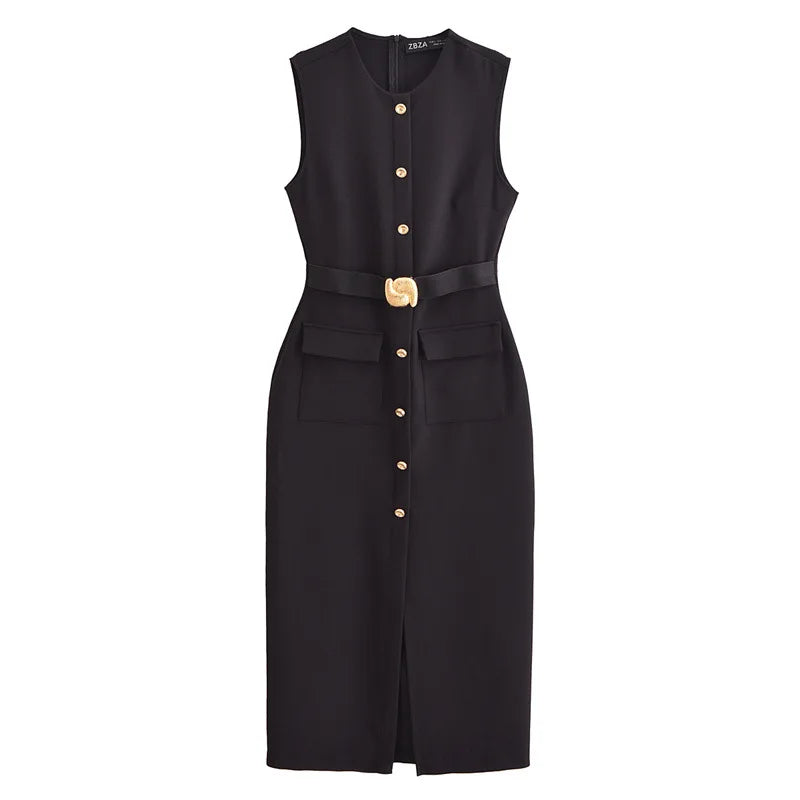 Women Long Dress Solid Color Summer Casual Slim Lady O-Neck Sleeveless Dresses Elegant Streetwear Female Button Up Belt Vestidos
