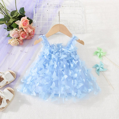 (0-3 Years) Summer New Baby Girls Dress Solid Color Halter Butterfly Embellished A-Line Skirt Mesh Sweet Princess Dress