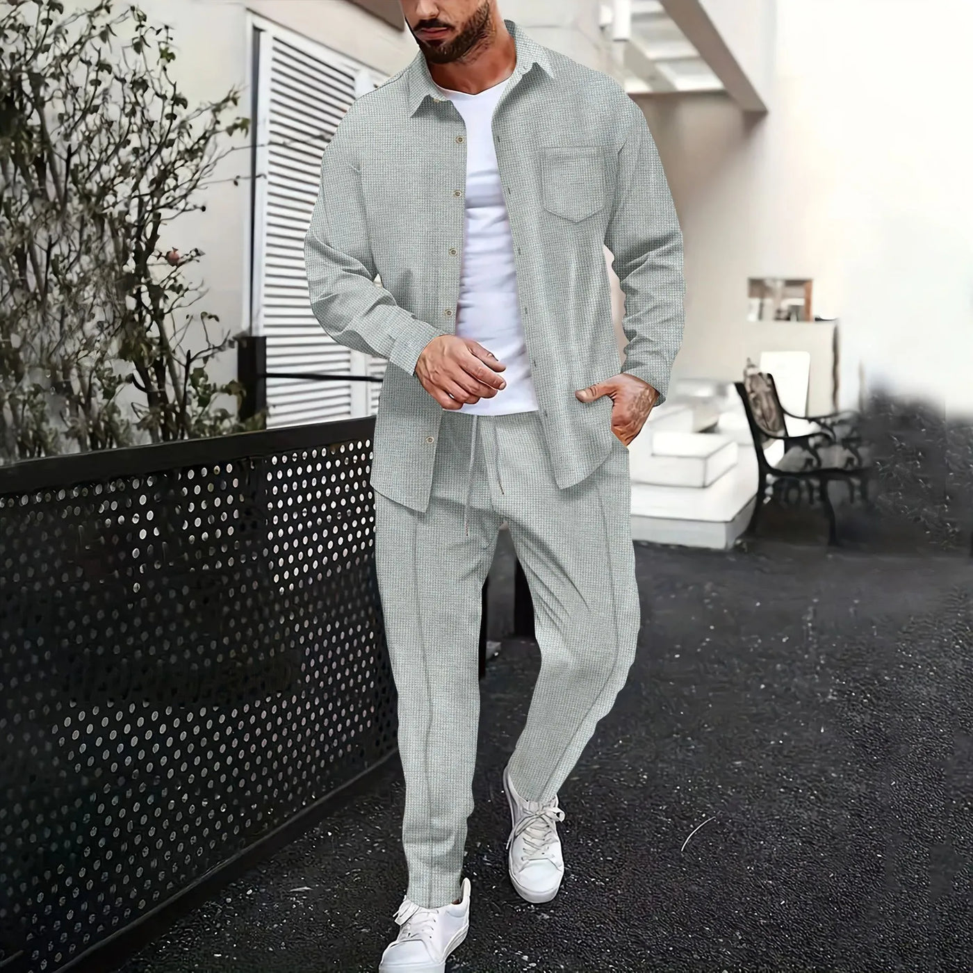 2025 Spring and autumn new men's daily casual waffle cardigan long-sleeved shirt two pants suit