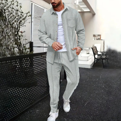 2025 Spring and autumn new men's daily casual waffle cardigan long-sleeved shirt two pants suit