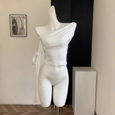 2025 New Sexy Off Shoulder Tops Women Ruffle Sleeve Asymmetric Slim Fit Short Sleeve T-Shirt Y2K Summer Fashion Elegant Clothes