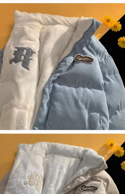 Fog Blue Cotton-padded Coat Men's Winter Thickened Hong Kong Style Corduroy Cotton Jacket Design Sensibility Niche 2023 Workwear