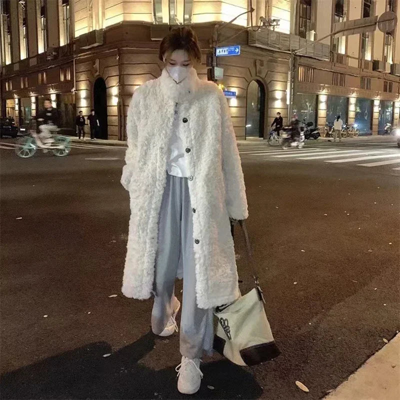 Lamb Wool Long Jackets Women Winter Warm Stand Collar Loose Fur Outerwear Y2K Korean Fashion Long Sleeve All Match Fake Fur Coat