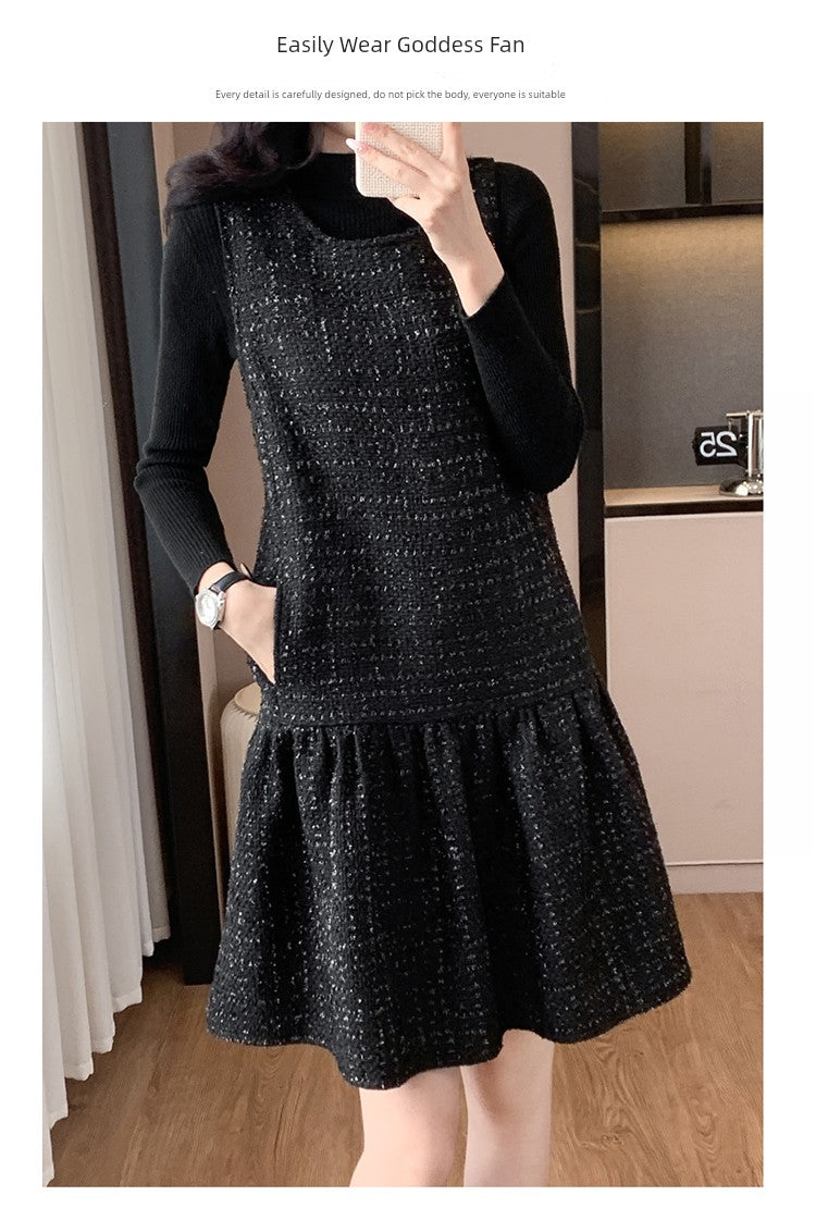 Woolen One piece Dress Women clothing Plus size Fat Mm2024 Autumn and Winter New Age-Reducing High end Western Style Fashion Woolen Vest Dress