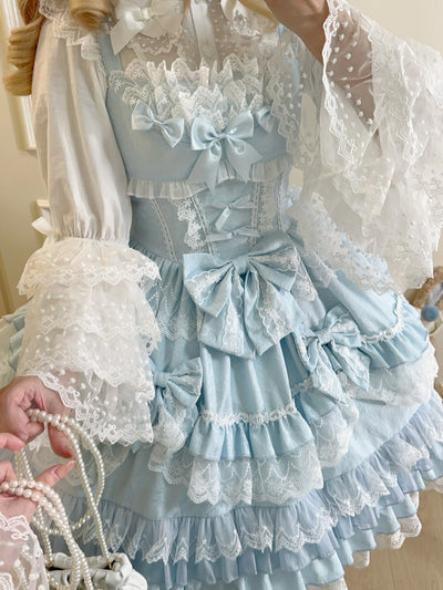 Original Lolita Dress Set Doll Feeling Girl Women's Sweet Jsk Suspender Dress Princess Fairy Lace Bow Sling Cake Dresses