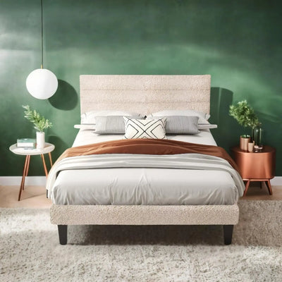 Twin Bed Frame for Kids,Boucle Upholstered Platform Bed with Adjustable Headboard,Sturdy Wood Slats Support,Cloud Single