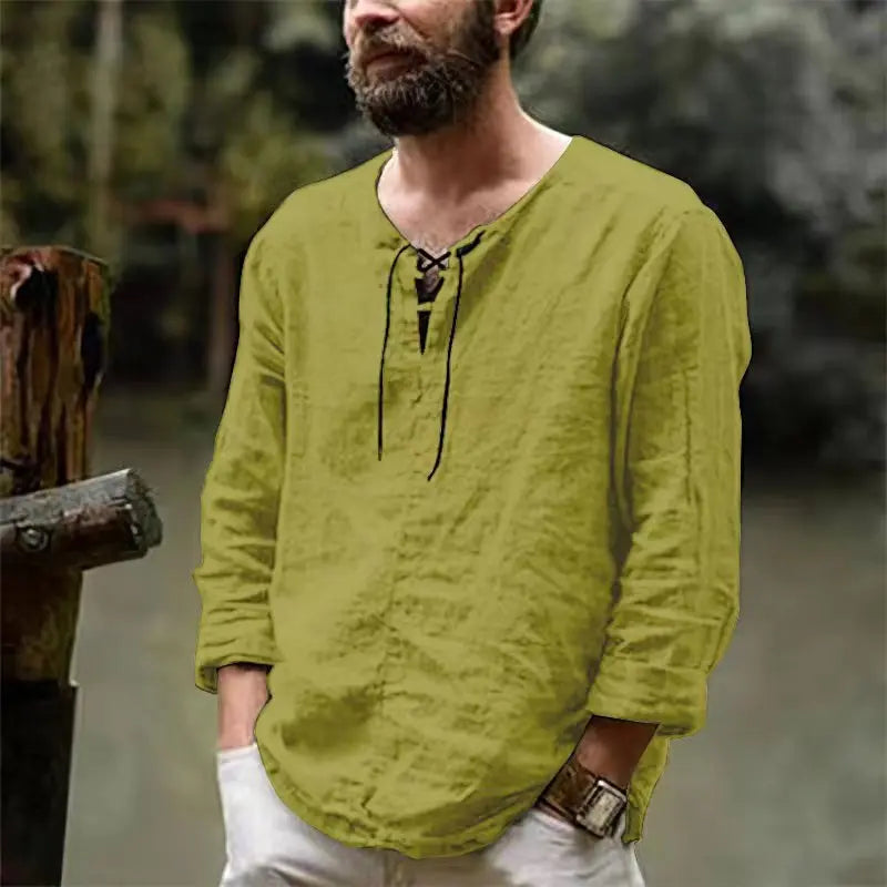 Cotton Linen Drawstring T Shirt Men's V Neck Blouse Solid Color Long Sleeves Casual Cool Tops Vikings Costume For Men M-6XL