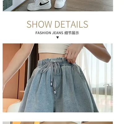 Korean Simplicity High Waist Wide Leg Denim Shorts Fashion Women's Clothing Summer Female All-match Loose Drawstring Shorts