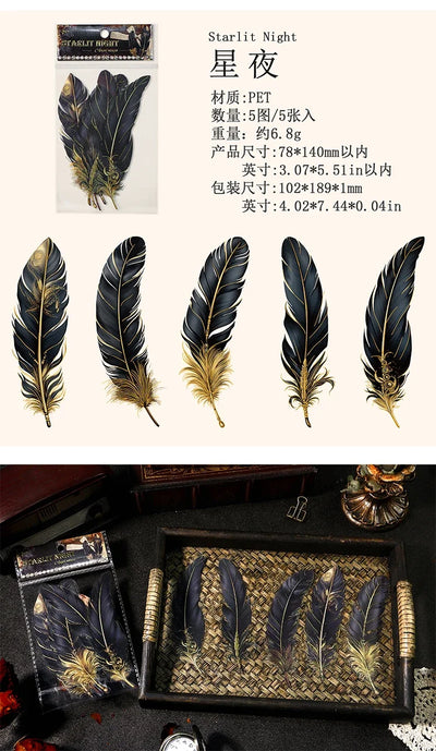Journamm 5pcs/pack Big Size Feathers Stickers Waterproof PET DIY Scrapbooking Art Collage Junk Journal Decor Sticker Stationery