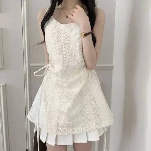 Hot Girl Korean Style Drawstring Lace-up Waist Lace Short Suspender Dresses + White Inner Wear Bottoming Sling Top Two-piece Set