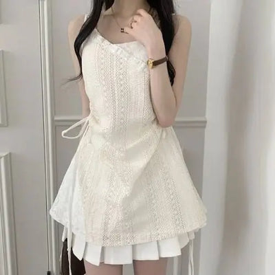 Hot Girl Korean Style Drawstring Lace-up Waist Lace Short Suspender Dresses + White Inner Wear Bottoming Sling Top Two-piece Set