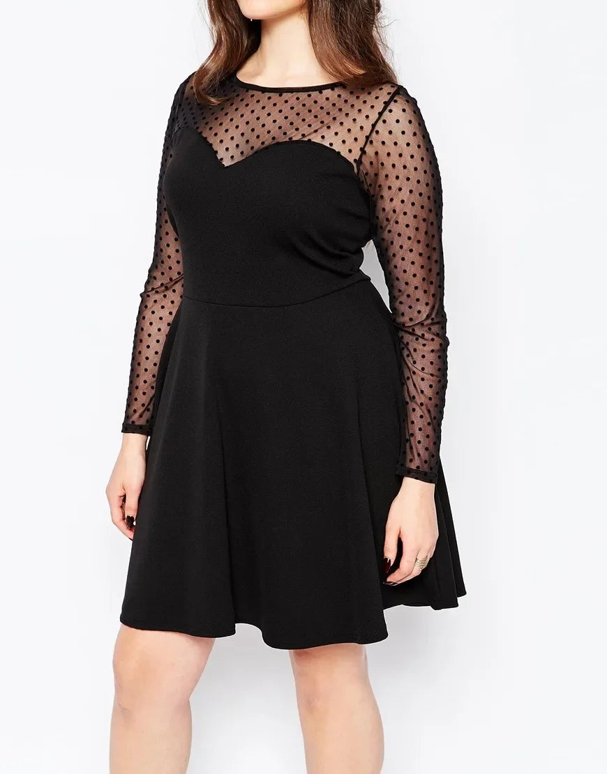 Plus Size Elegant A-line Dress Women Dot Print Long Mesh Sleeve Spring Autumn Fit And Flare Knee Length Office Party Dress 6XL