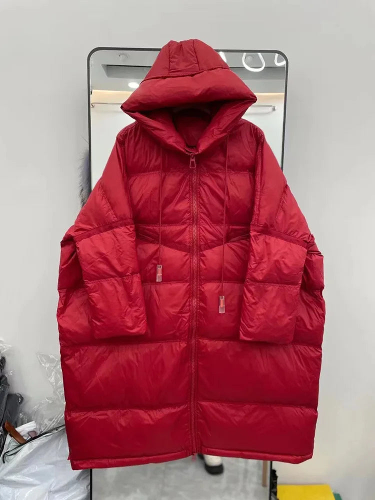 Winter Hooded Drawstring Loose Puffer Jacket Women Solid Oversize Casual Silhouette Long White Duck Down Warm Coat 2024 New Coat