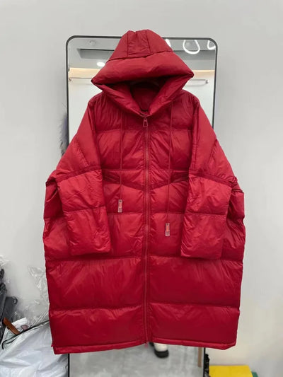 Winter Hooded Drawstring Loose Puffer Jacket Women Solid Oversize Casual Silhouette Long White Duck Down Warm Coat 2024 New Coat