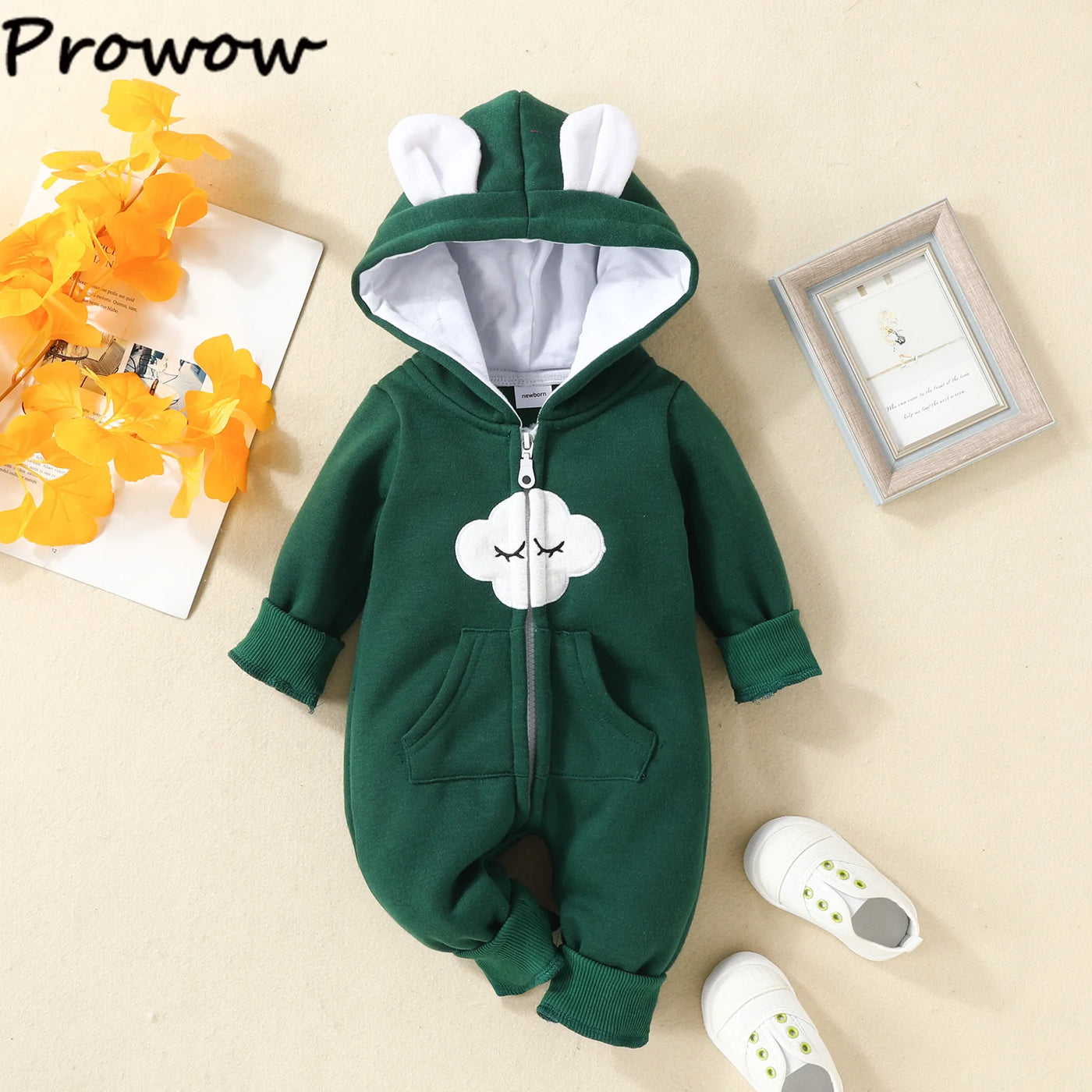 Prowow Cartoon Fox Baby Winter Clothes Romper Jumpsuit For Newborns Zipper Cute Ears Hooded Thicken Infant Overalls For Children