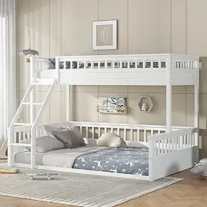 Low Bunk Beds Twin XL Over Queen Floor Bunk Bed with Ladder and Guardrail Wood Detachable Bunk Bed Frame for Boys, Girls, No Spr
