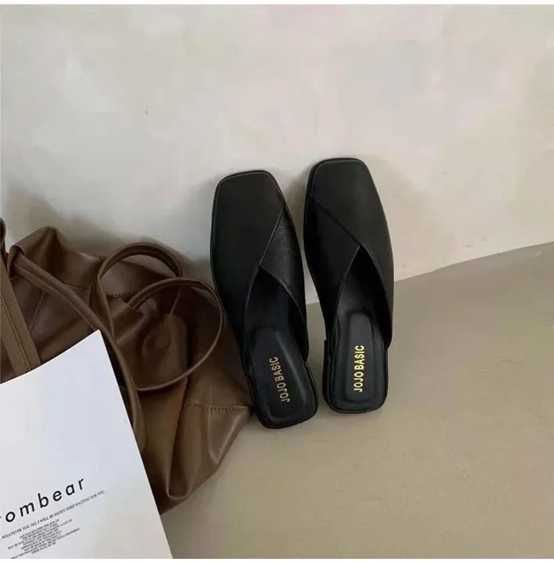 Women Mules Designer Square Toe 2025 Summer Ladies Fashion Slippers New Slides Female Outside Beach Shoes Big Size мюли женские