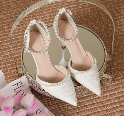 High Heeled Shoes Women's 2025 Summer with A Thin Heel and Pointed Toe A Straight Cut Lace Surface White Pearl Bridal Shoe Women