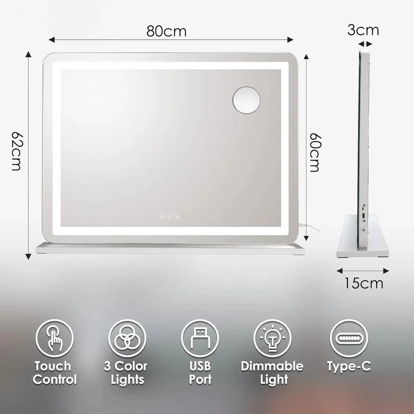 Vanity Mirror w/ Lights 80cm/60cm/50cm Makeup Mirror LED Lights,Touch Screen, 3-Color Lighting,Dimmable,for Vanity Desk Tabletop