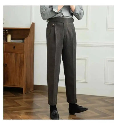 2023 Autumn Winter Men's Warm Retro Straight Trouser Male Casual British High Waist Pants Office-trousers Dress Pant Trousers