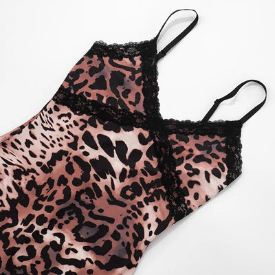 CUTENOVA New Women'S Leopard Print Lace Trim Patchwork Camisole Jumpsuit Bodycon Seven Points Jumpsuit Fashion Streetwear Romper