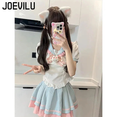 Y2k Sweet Style Skirt Set Bow Tie Peter Pan Collar Top High-Waist Puffy Skirt 2 Piece Set Summer Preppy JK Sailor Uniform Outfit