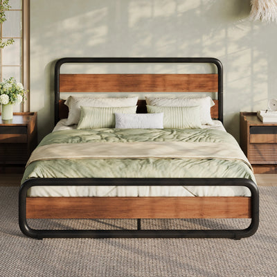 HOOMIC Metal Bed Frame with Curved Wooden Headboard & Footboard, Heavy-Duty Platform Bed with Ample Under-Bed Storage Allewie